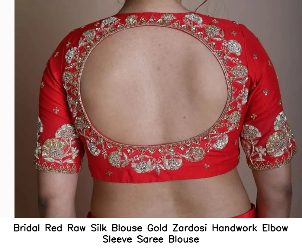 Bridal Red Raw Silk Blouse – Gold Zardosi Handwork Elbow Sleeve Saree Blouse 3