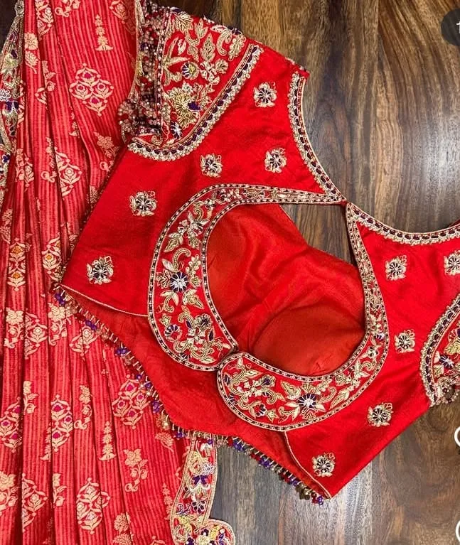Bridal Red Raw Silk Saree Blouse with Maggam Work & Curved Keyhole Back | Hand Embroidered Silk Choli with Beaded Latkan