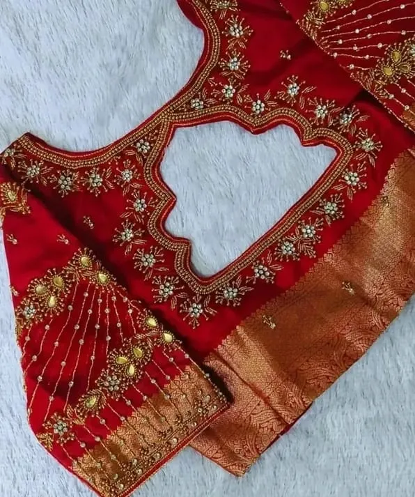 Bridal Red Silk Blouse with Scalloped Keyhole Back & Heavy Kundan Web Embroidery