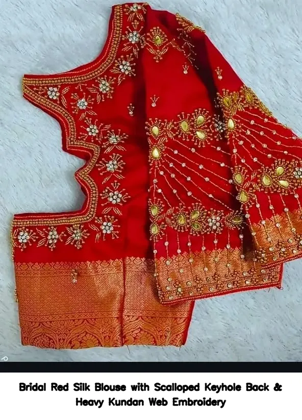 Bridal Red Silk Blouse with Scalloped Keyhole Back & Heavy Kundan Web Embroidery 2
