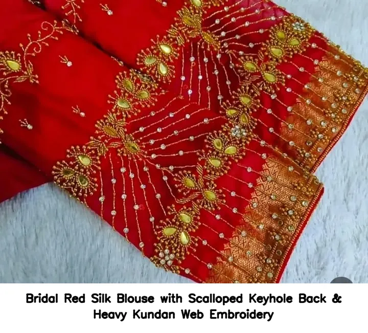 Bridal Red Silk Blouse with Scalloped Keyhole Back & Heavy Kundan Web Embroidery 3