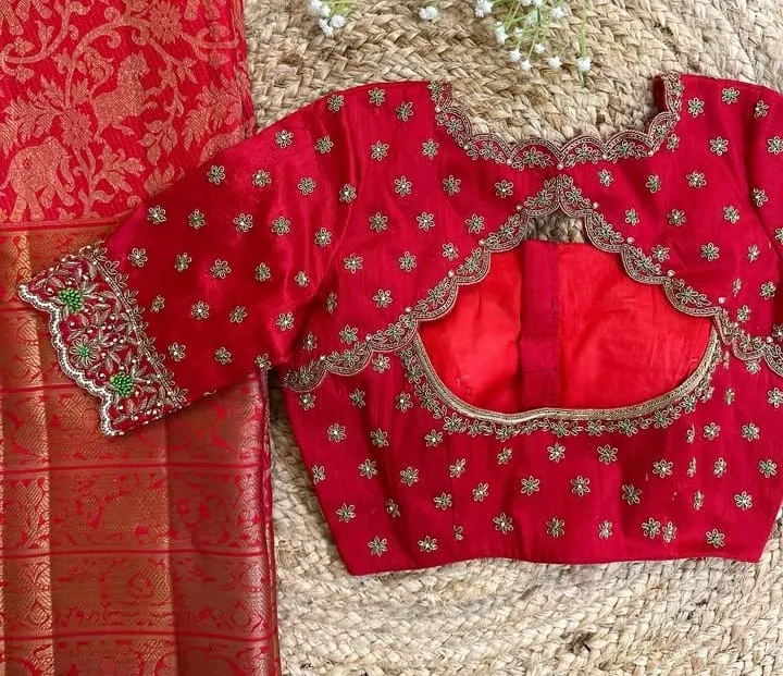 Bridal Red Silk Readymade Blouse with Heavy Aari Hand Embroidery | Scallop Cutwork Back Neck & Buttiss Work Saree Blouse