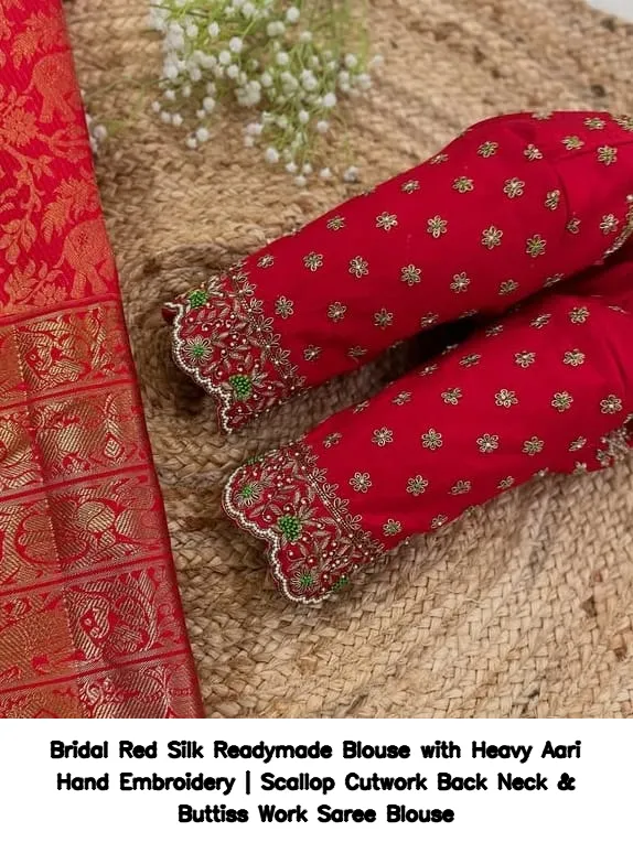 Bridal Red Silk Readymade Blouse with Heavy Aari Hand Embroidery | Scallop Cutwork Back Neck & Buttiss Work Saree Blouse 2
