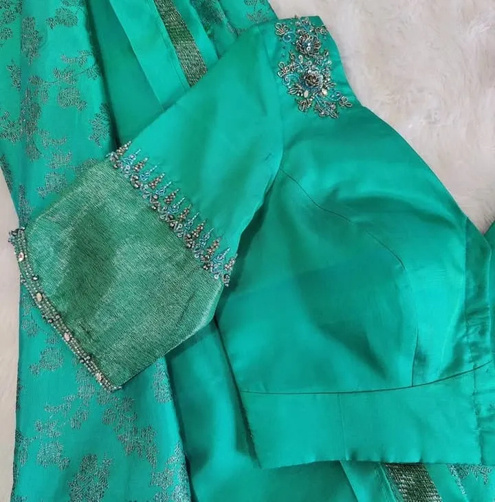 Bridal Sea Green Silk Blouse with Beaded Cuff Sleeves & Shoulder Motif Embroidery | Readymade Pattu Blouse