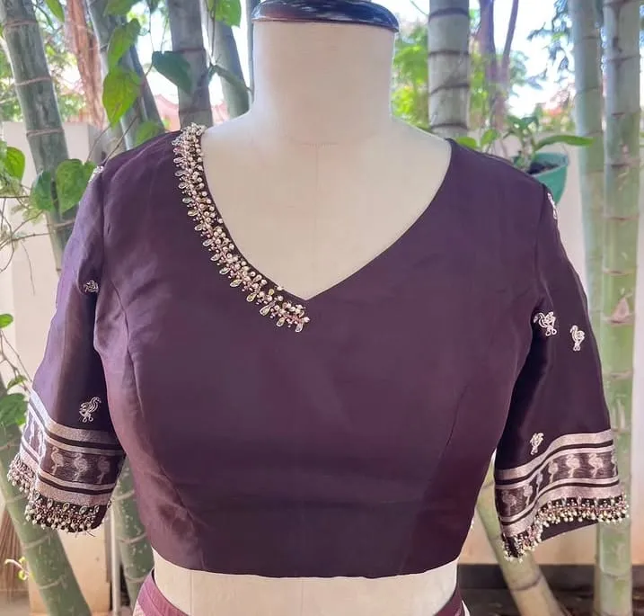 Bridal Wine Silk Saree Blouse with One-Side Neck Embroidery & Back Button Detail | Customized Readymade Pattu Blouse