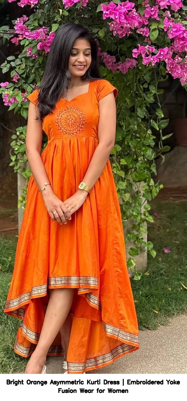 Bright Orange Asymmetric Kurti Dress | Embroidered Yoke Fusion Wear for Women 2
