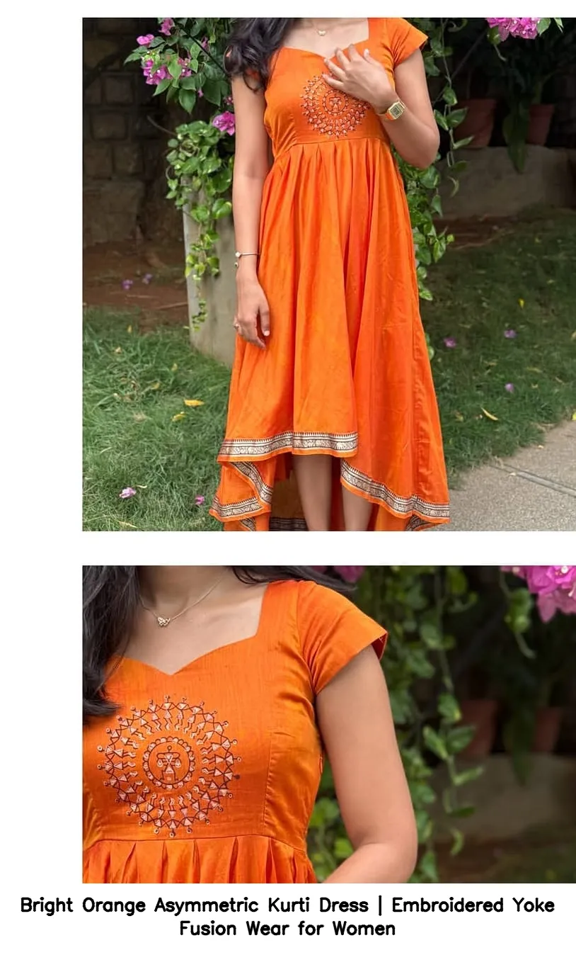 Bright Orange Asymmetric Kurti Dress | Embroidered Yoke Fusion Wear for Women 3