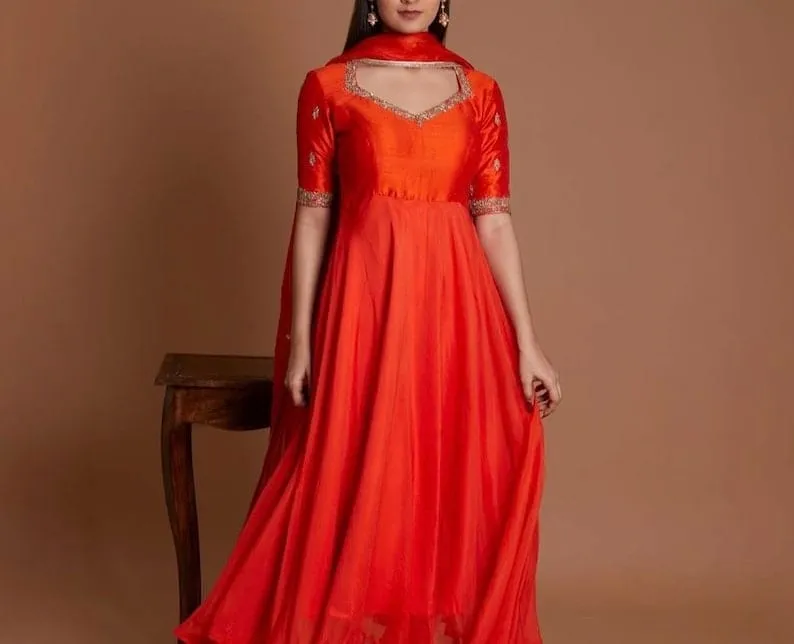 Bright Orange Embroidered Raw Silk Anarkali Suit Set with Dupatta 1