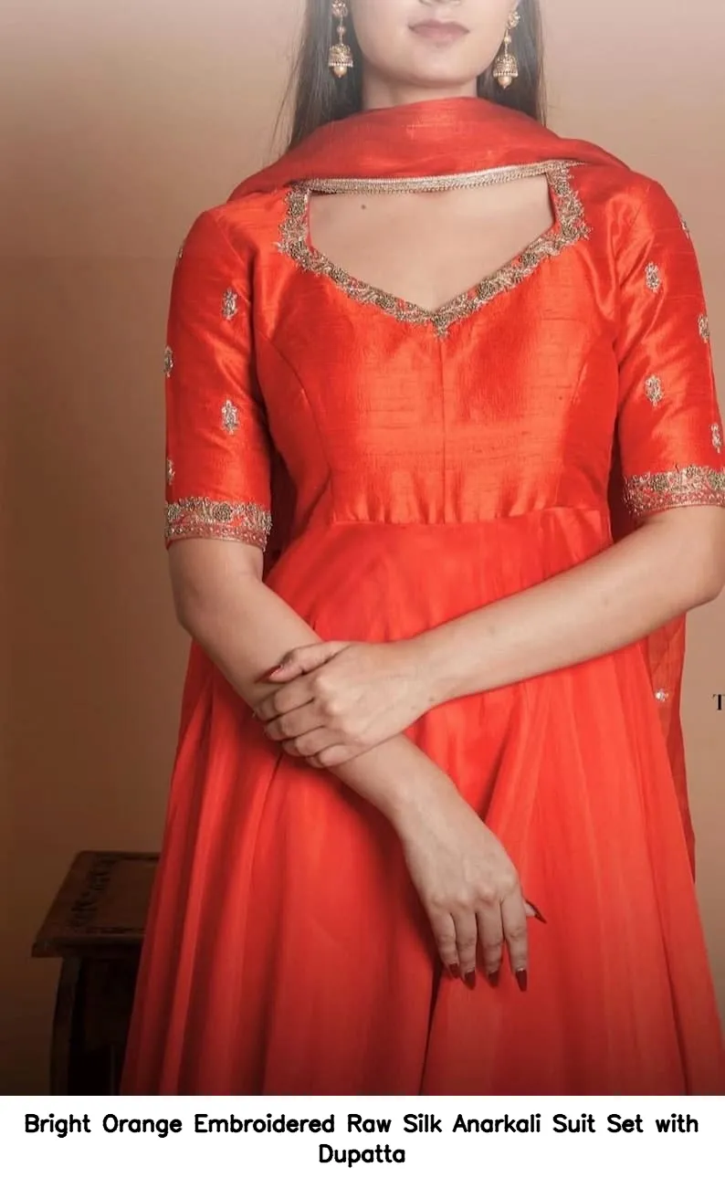 Bright Orange Embroidered Raw Silk Anarkali Suit Set with Dupatta 2