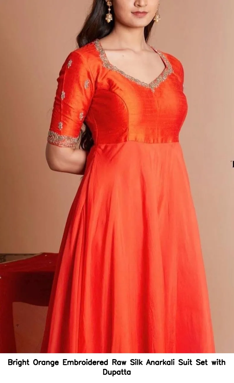 Bright Orange Embroidered Raw Silk Anarkali Suit Set with Dupatta 3