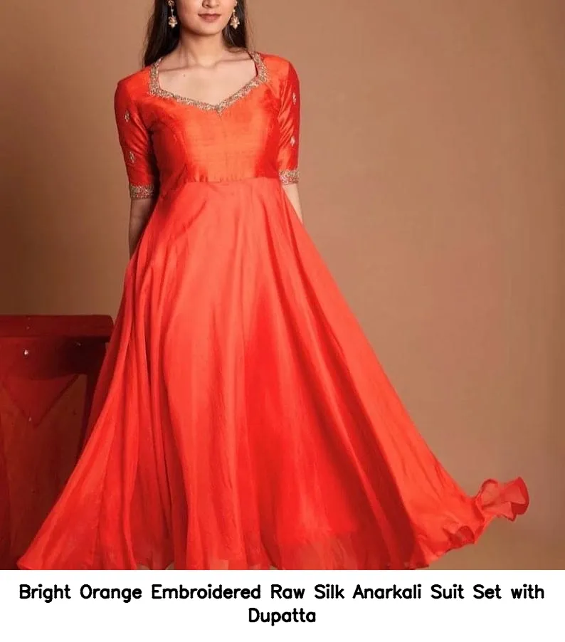Bright Orange Embroidered Raw Silk Anarkali Suit Set with Dupatta 4
