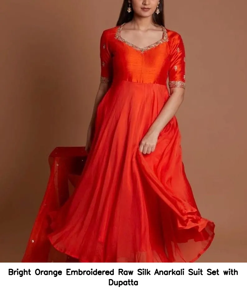 Bright Orange Embroidered Raw Silk Anarkali Suit Set with Dupatta 5