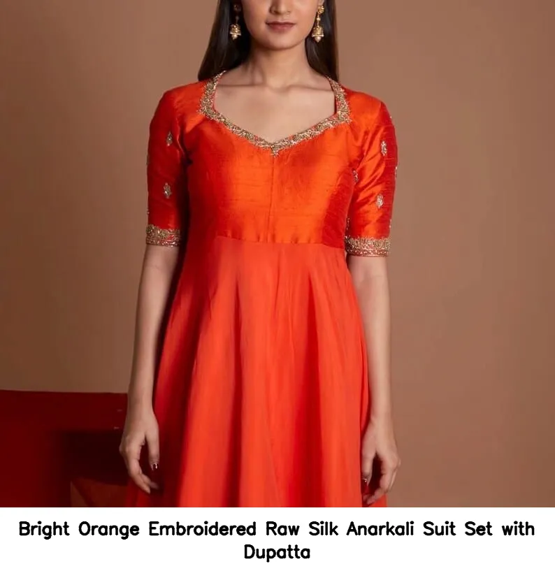 Bright Orange Embroidered Raw Silk Anarkali Suit Set with Dupatta 6