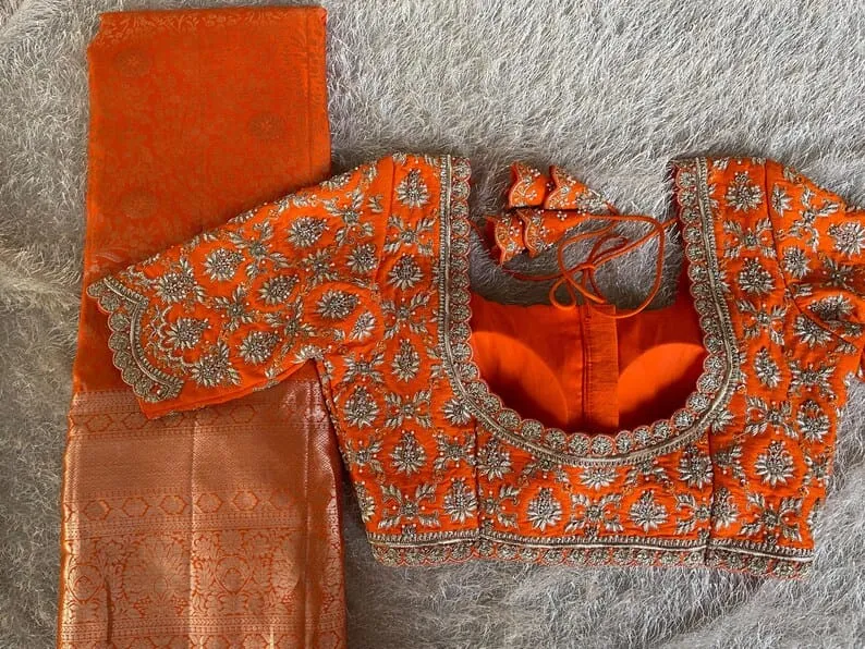 Bright Orange Heavy Embroidered Silk Blouse with Dori Tassels | Designer Bridal Aari Work Blouse 1