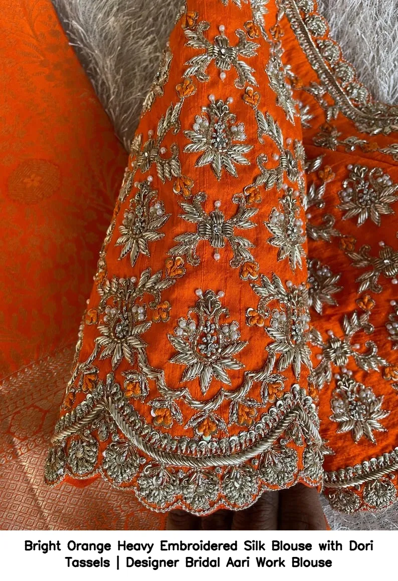 Bright Orange Heavy Embroidered Silk Blouse with Dori Tassels | Designer Bridal Aari Work Blouse 2