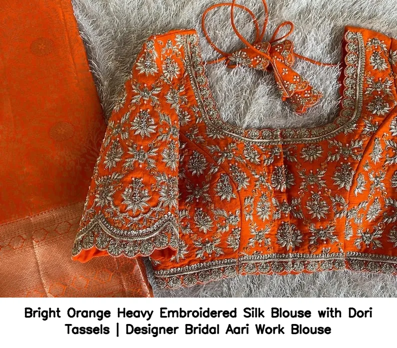 Bright Orange Heavy Embroidered Silk Blouse with Dori Tassels | Designer Bridal Aari Work Blouse 3