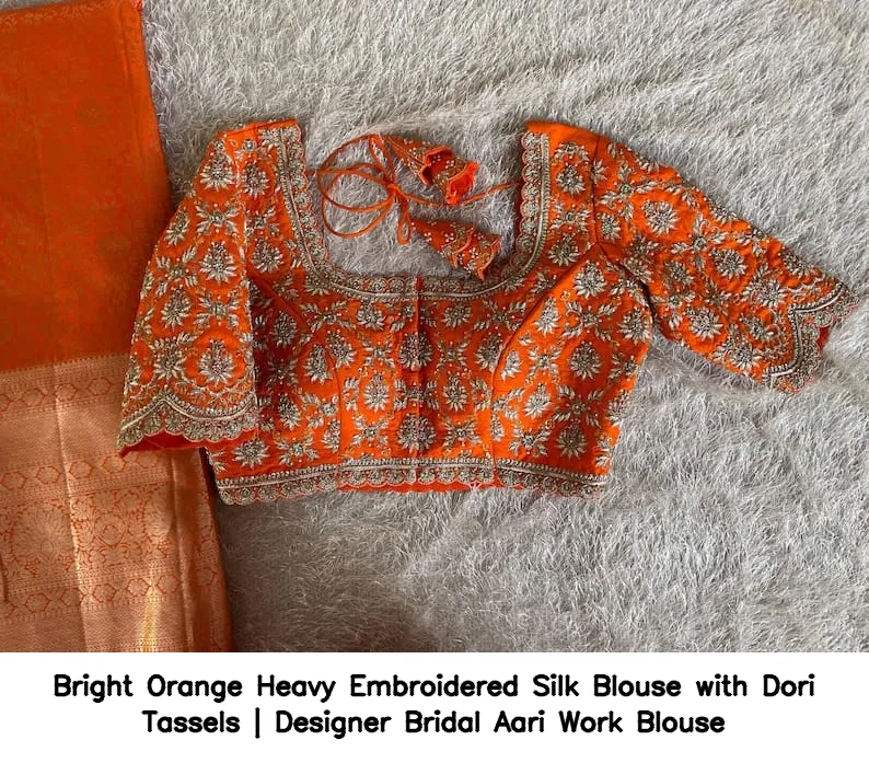 Bright Orange Heavy Embroidered Silk Blouse with Dori Tassels | Designer Bridal Aari Work Blouse 4