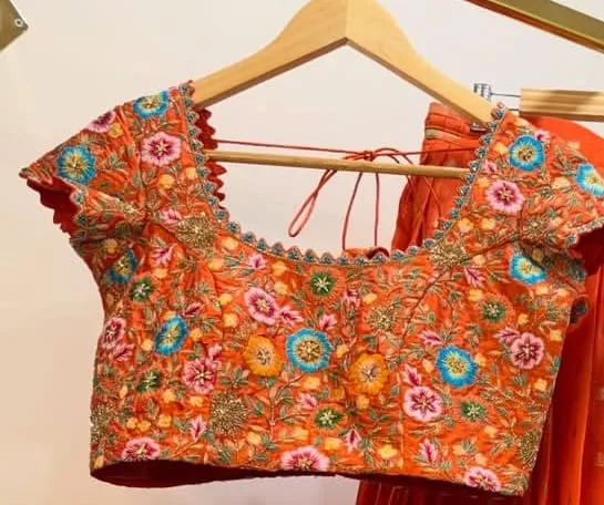Bright Orange Heavy Floral Embroidery Blouse | Designer Thread Work Saree & Lehenga Blouse