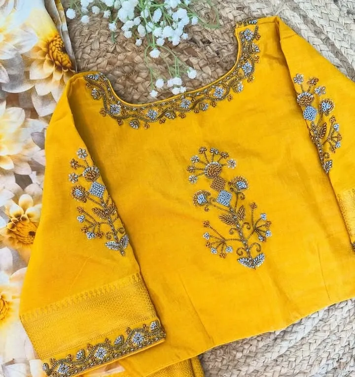 Bright Yellow Silk Blouse with Boat Neck | Handcrafted Floral Aari Work Back | Simple Maggam Work Saree Blouse with Zari Border Elbow Sleeves