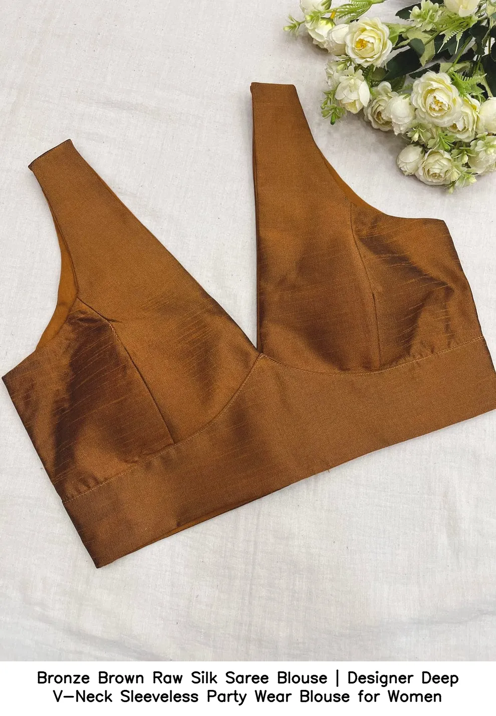 Bronze Brown Raw Silk Saree Blouse | Designer Deep V-Neck Sleeveless Party Wear Blouse for Women