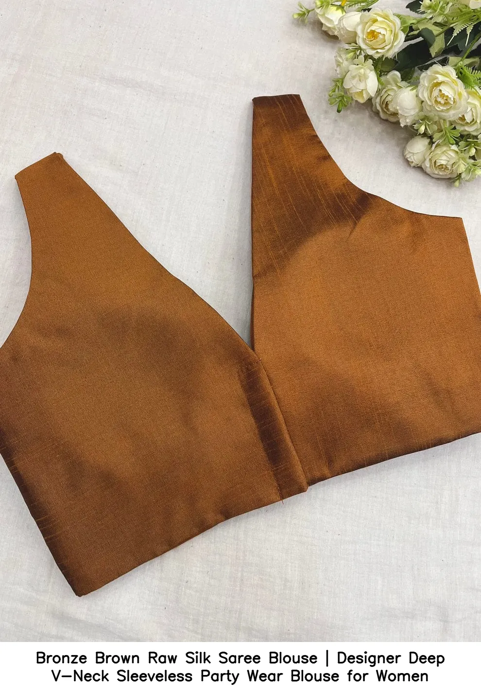 Bronze Brown Raw Silk Saree Blouse | Designer Deep V-Neck Sleeveless Party Wear Blouse for Women 2