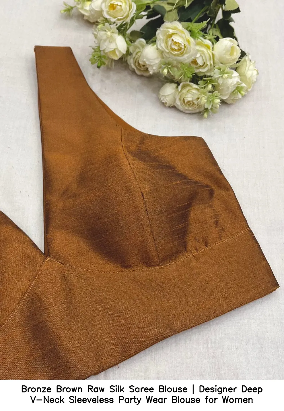 Bronze Brown Raw Silk Saree Blouse | Designer Deep V-Neck Sleeveless Party Wear Blouse for Women 3