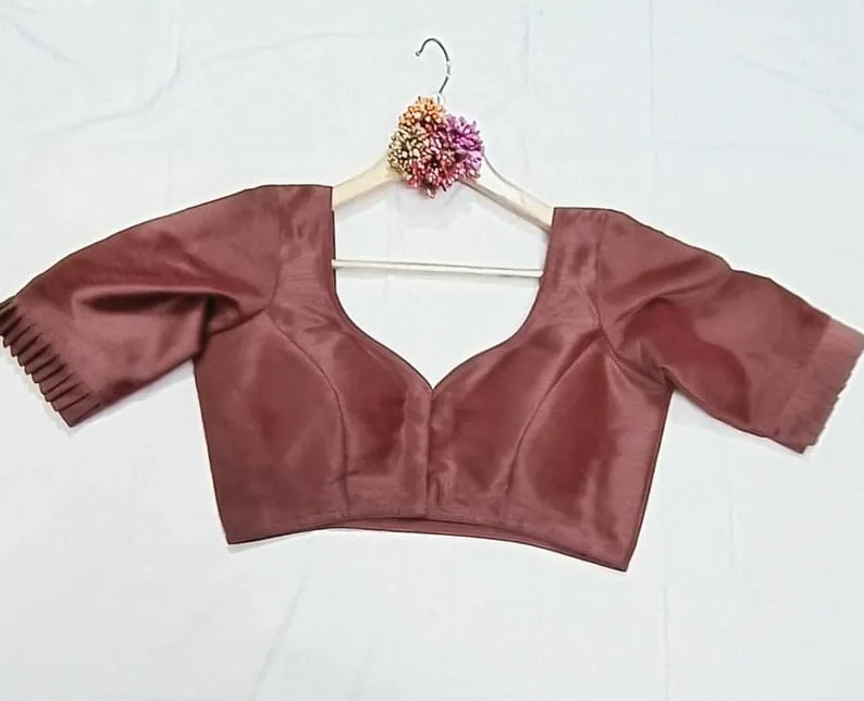 Brown Pleated Sleeve Saree Blouse | Readymade V-Neck Choli 1