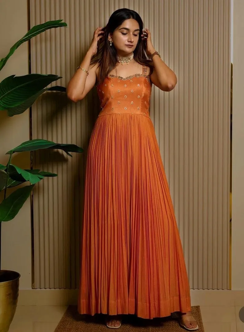 Burnt Orange Hand-Embroidered Pleated Maxi Dress