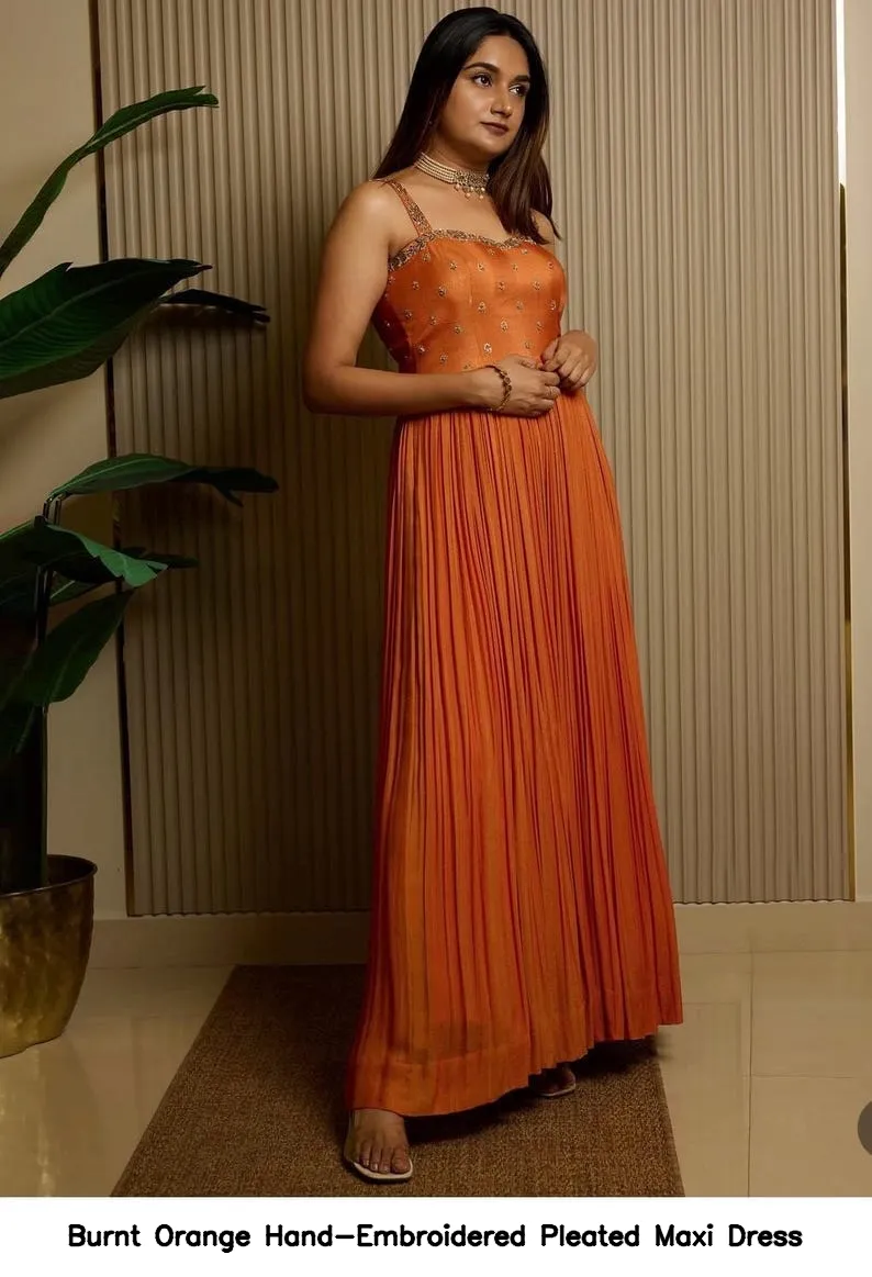 Burnt Orange Hand-Embroidered Pleated Maxi Dress 2