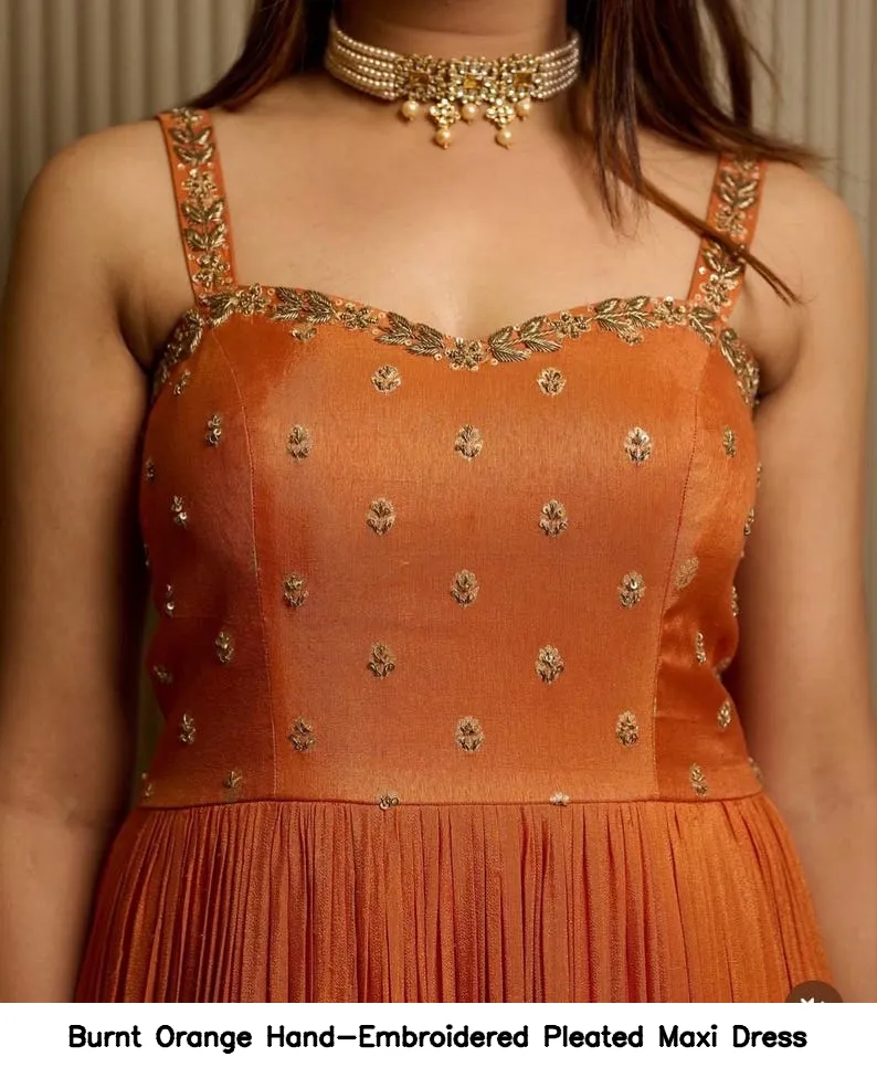 Burnt Orange Hand-Embroidered Pleated Maxi Dress 3