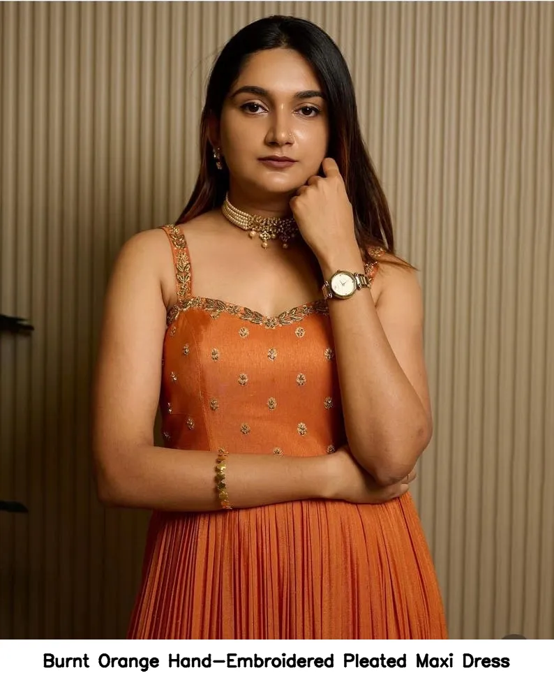 Burnt Orange Hand-Embroidered Pleated Maxi Dress 4