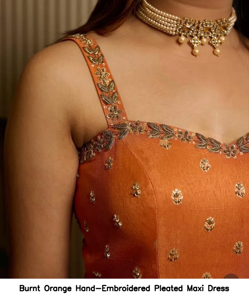 Burnt Orange Hand-Embroidered Pleated Maxi Dress 5