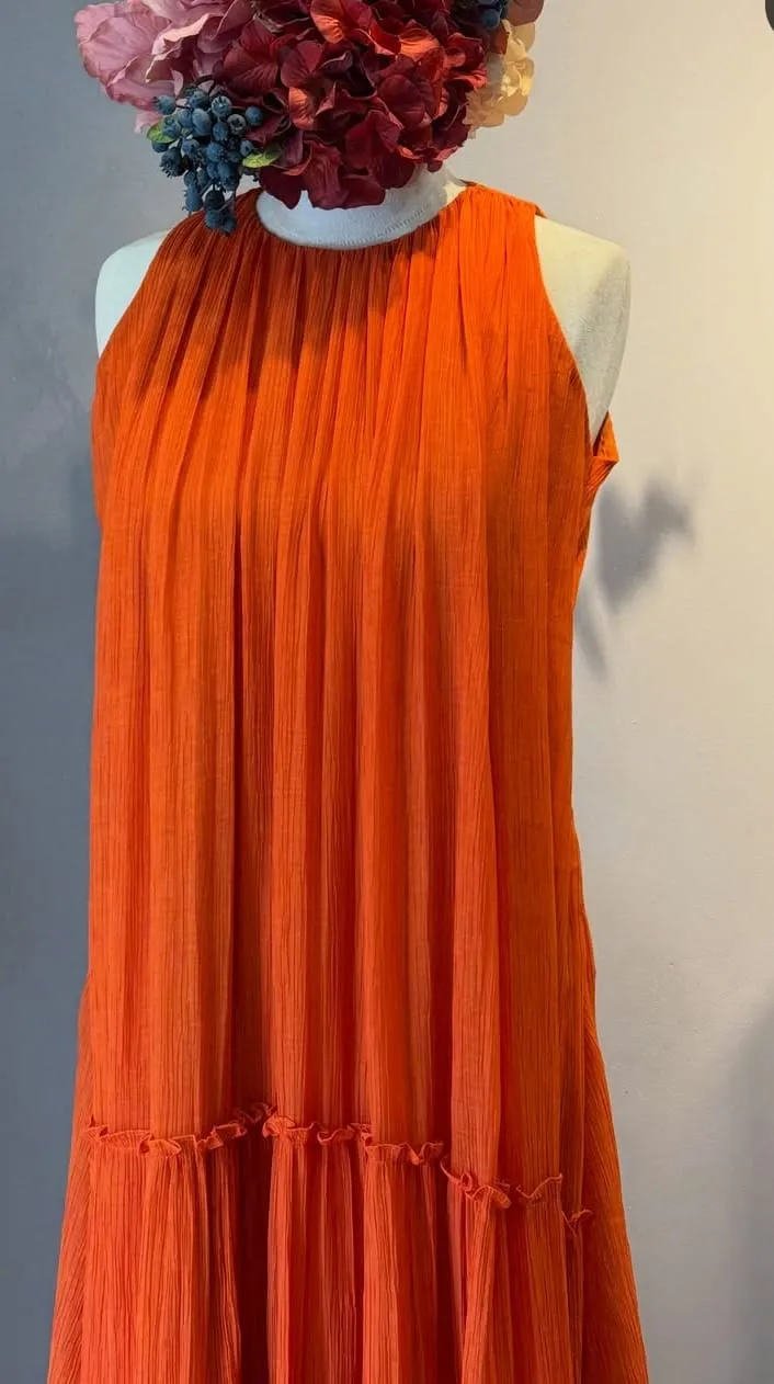 Burnt Orange Pleated Tiered Dress | Sleeveless Casual & Party Wear Summer Gown