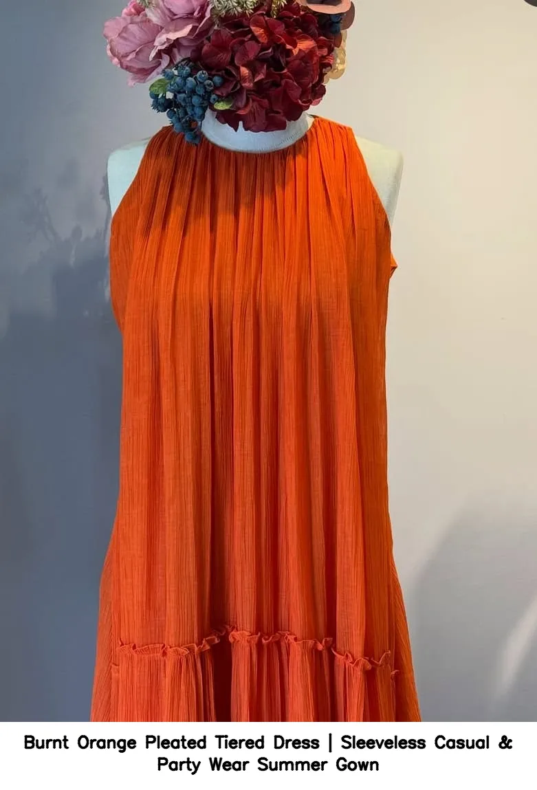 Burnt Orange Pleated Tiered Dress | Sleeveless Casual & Party Wear Summer Gown 2