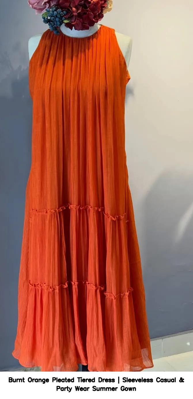 Burnt Orange Pleated Tiered Dress | Sleeveless Casual & Party Wear Summer Gown 3