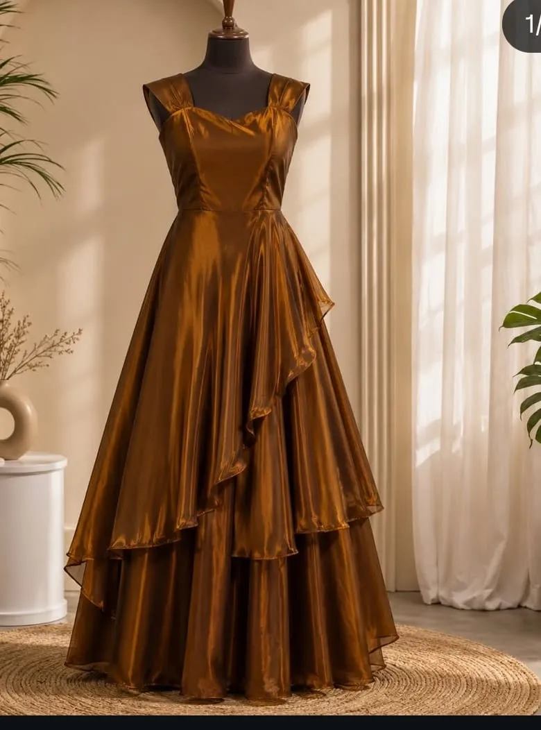 Buy Designer Tiered Satin Gown Online | Premium Evening Frocks