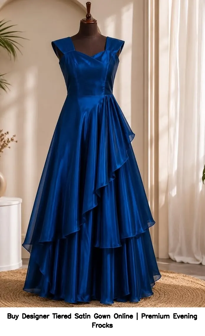Buy Designer Tiered Satin Gown Online | Premium Evening Frocks 11