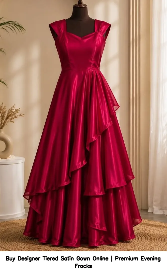 Buy Designer Tiered Satin Gown Online | Premium Evening Frocks 7