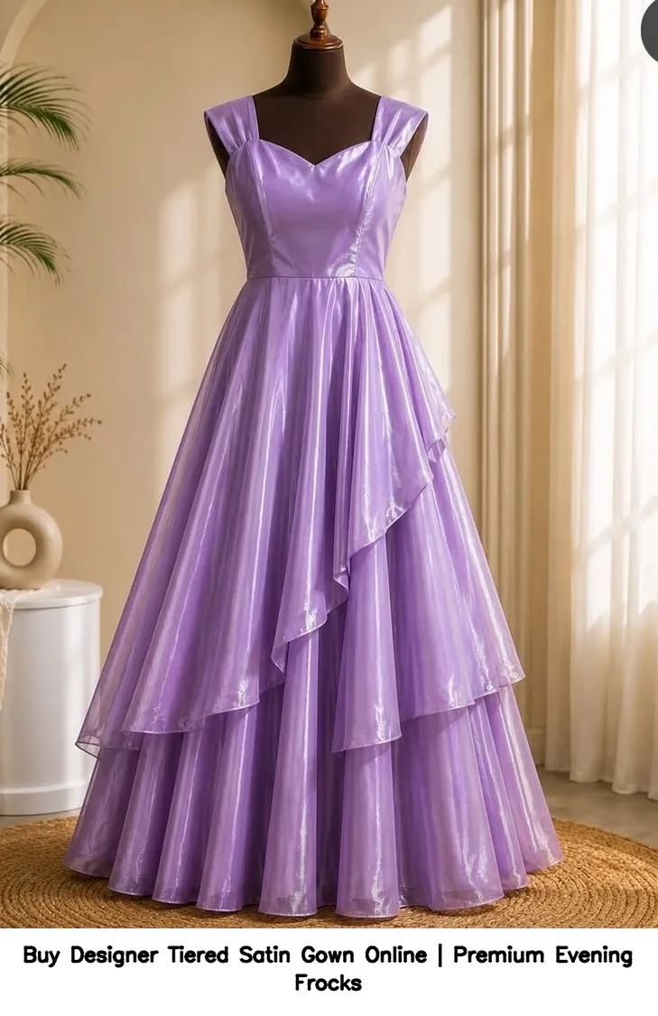 Buy Designer Tiered Satin Gown Online | Premium Evening Frocks 8