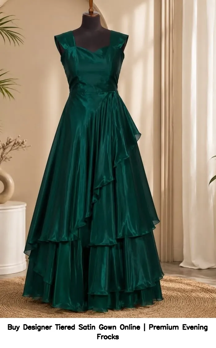 Buy Designer Tiered Satin Gown Online | Premium Evening Frocks 9