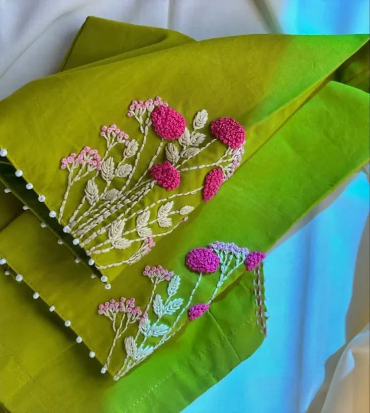 Chartreuse Green Cotton Silk Blouse with Pink Floral French Knot Embroidery & Pearl Edging