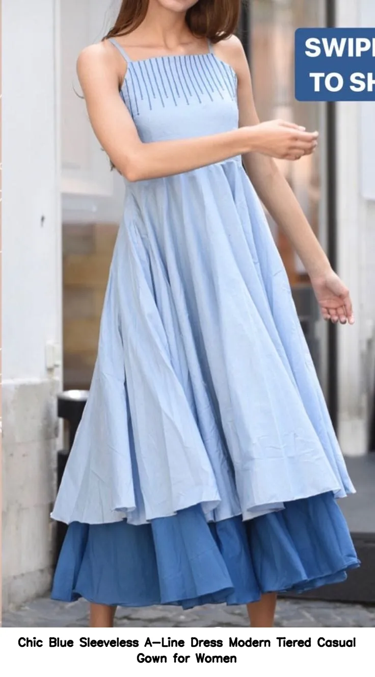 Chic Blue Sleeveless A-Line Dress – Modern Tiered Casual Gown for Women 2