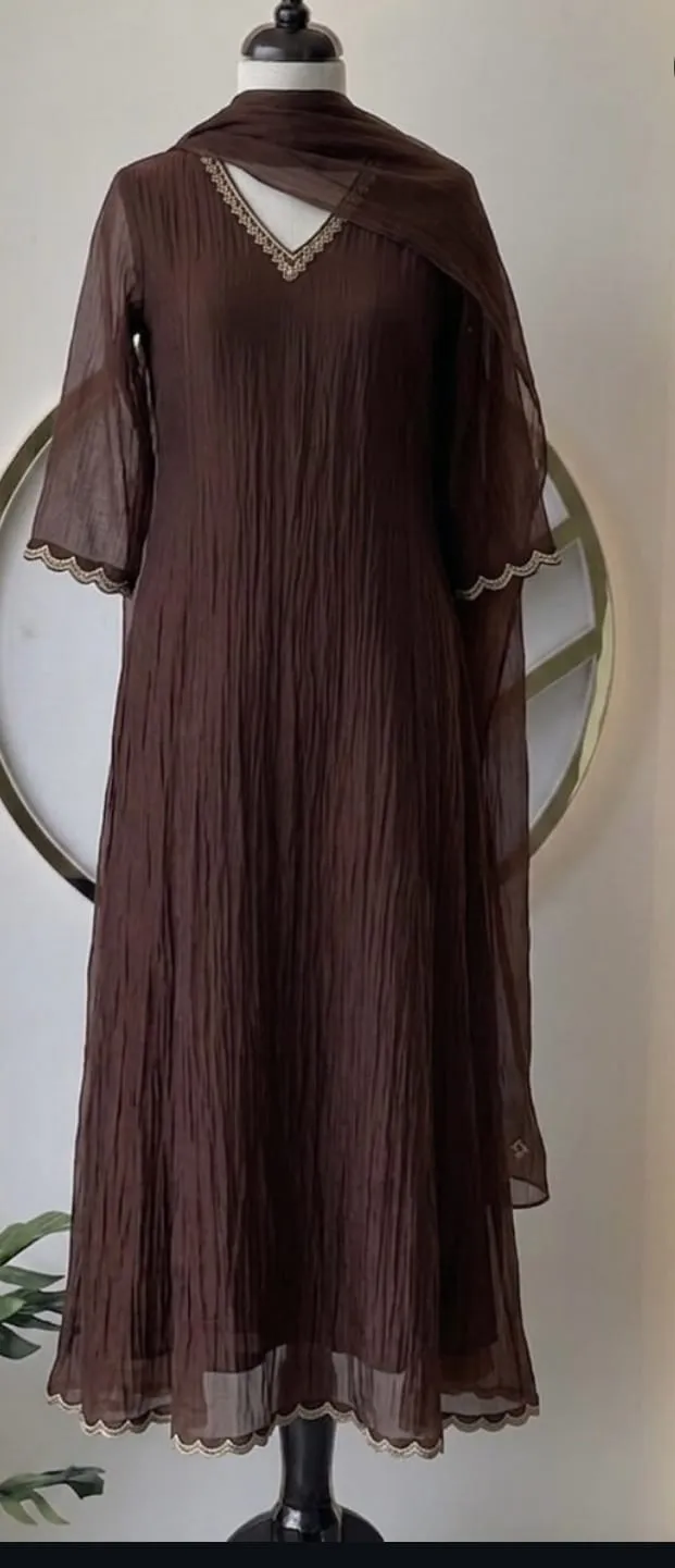 Chocolate Brown Crushed Silk Georgette Long Frock Set | Micro Pleated Anarkali Suit with Scalloped Border & Dupatta
