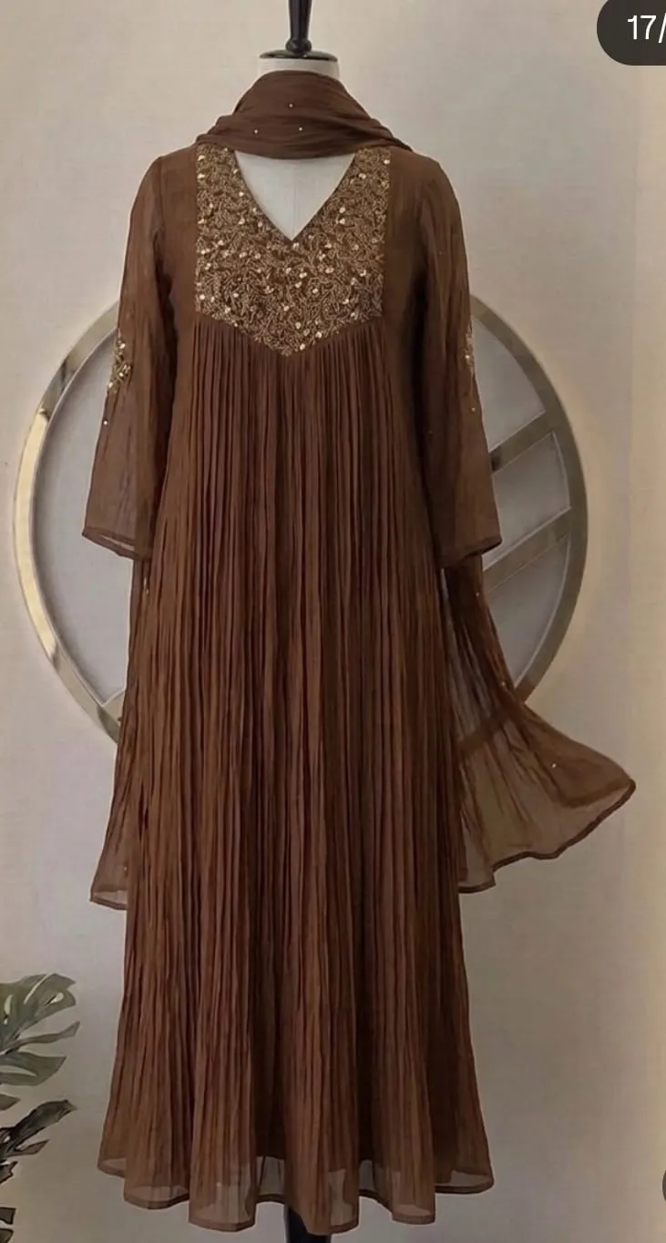 Chocolate Brown Pleated Georgette Anarkali Suit - Sequins Embroidered V-Neck Frock with Dupatta
