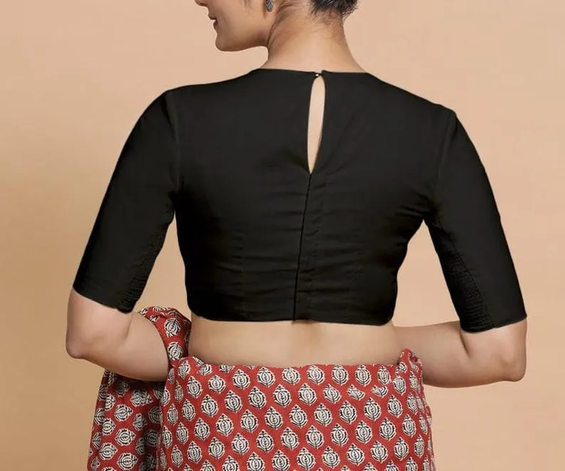 Classic Black Silk Blouse for Saree | Party Wear Ethnic Top with Back Keyhole 1
