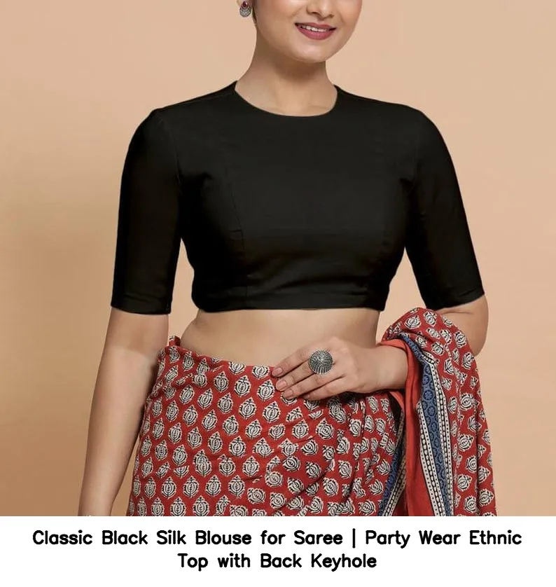 Classic Black Silk Blouse for Saree | Party Wear Ethnic Top with Back Keyhole 2