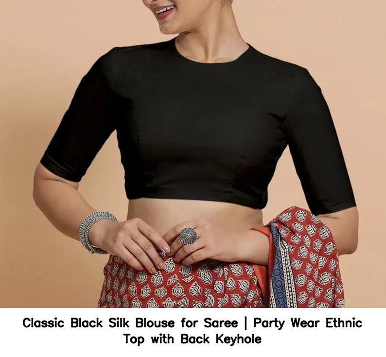 Classic Black Silk Blouse for Saree | Party Wear Ethnic Top with Back Keyhole 3