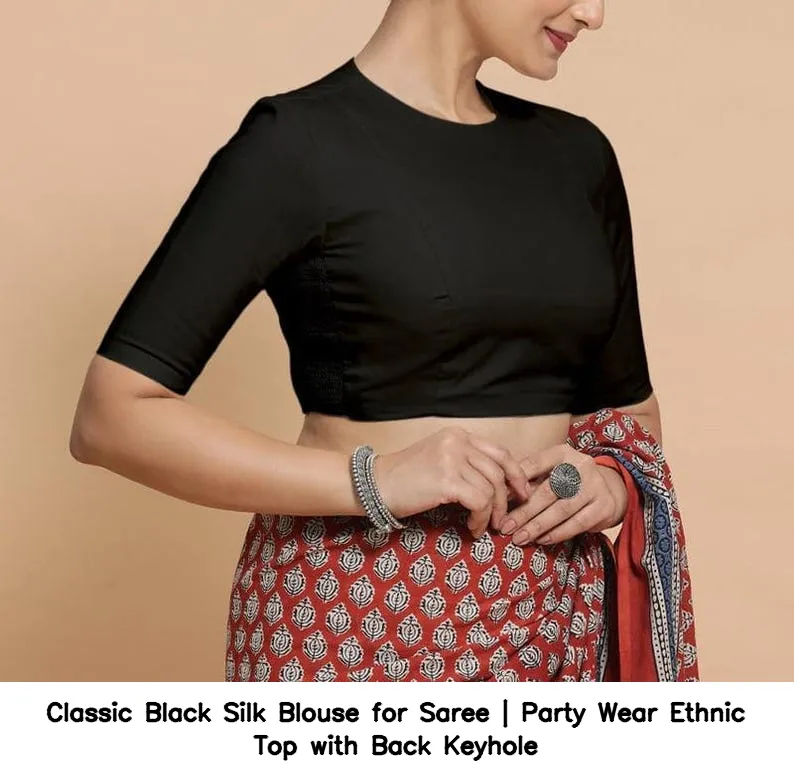 Classic Black Silk Blouse for Saree | Party Wear Ethnic Top with Back Keyhole 6