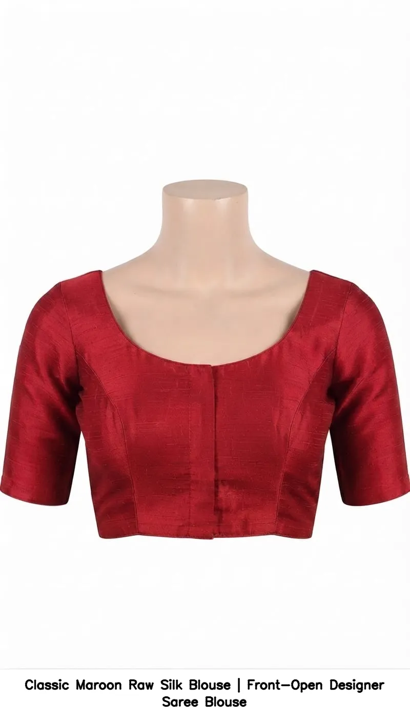 Classic Maroon Raw Silk Blouse | Front-Open Designer Saree Blouse 4