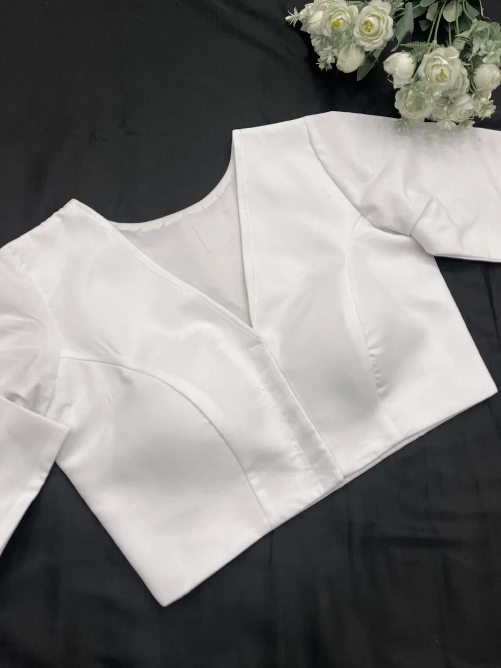 Classic White Raw Silk Blouse – Premium Readymade Saree Blouse with Elbow Sleeves 1